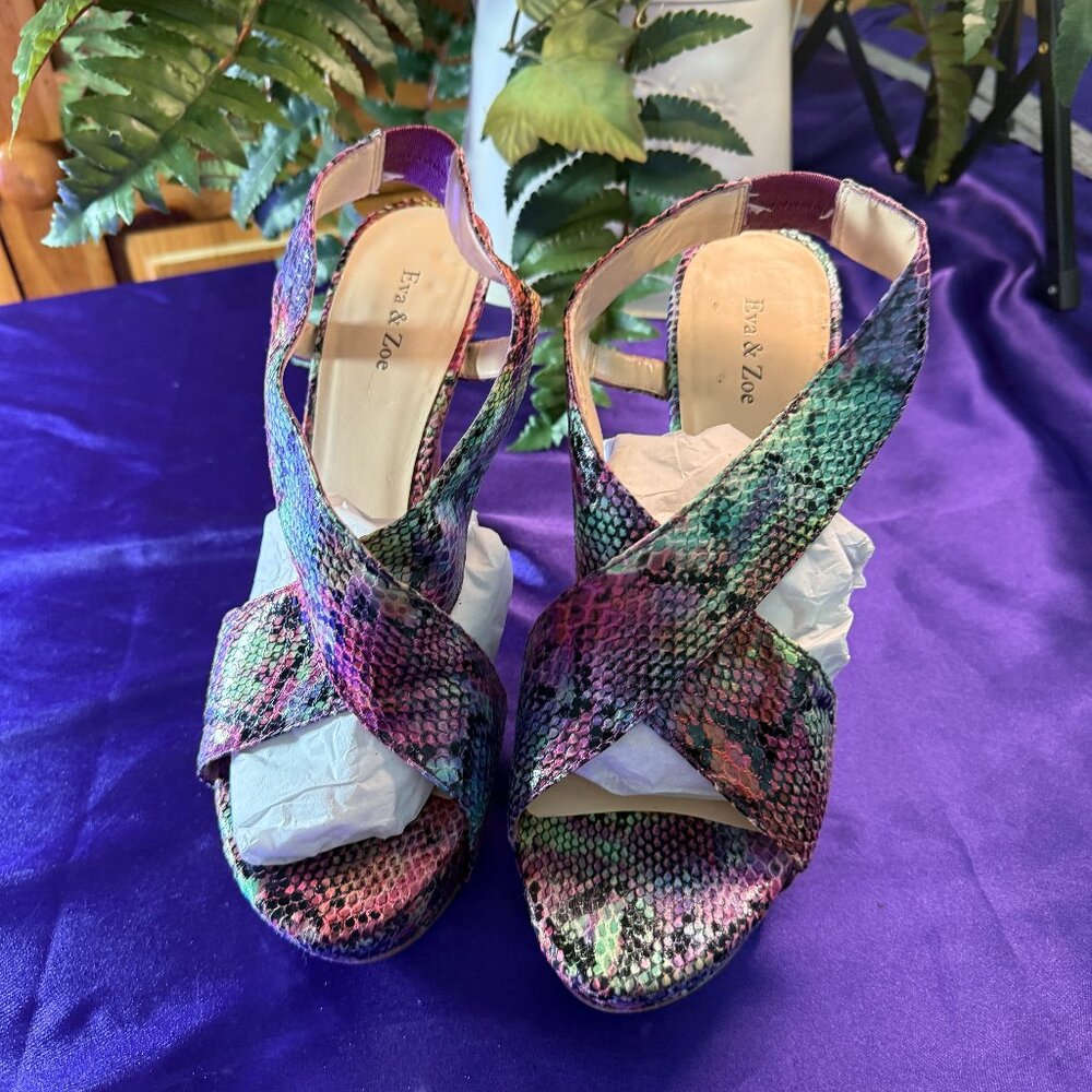 📌Eva & Zoe Gilmore Snakeskin Optic Open Toe High Hell Sandals with Platform